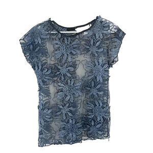 Cosmo Women Blue Gray Blouse Small Chiffon Lace Floral Short Sleeve Pullover Top